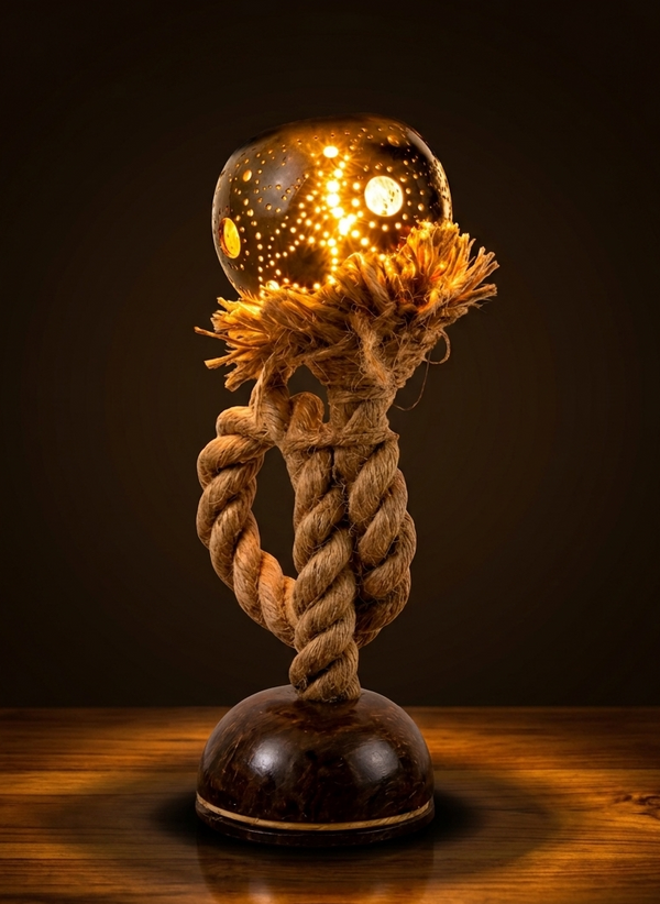 Coconut Shell Lamp with Rope Base